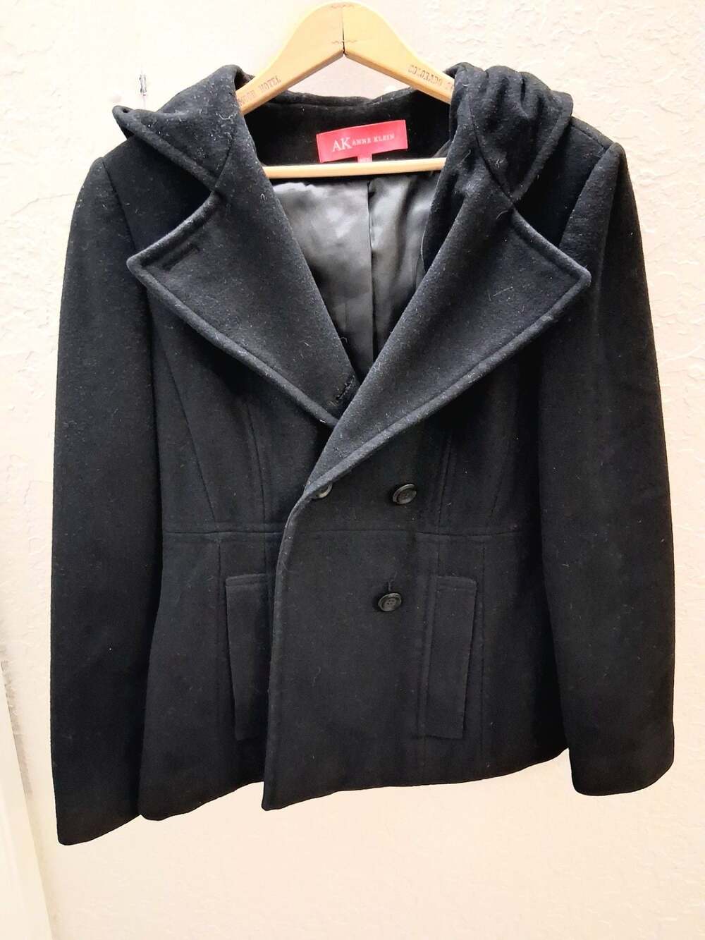 Anne Klein Black Wool Blend Hooded Pea Coat Size Medium